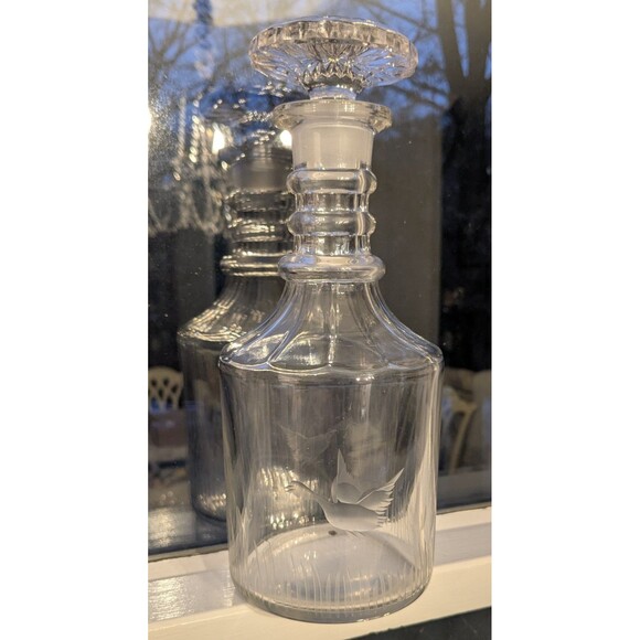 Vintage Duncan & Miller 1930s 10" Glass Decanter Etched Ducks Glass Stopper - Picture 1 of 16